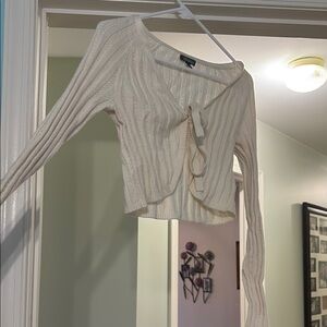 Cream Ribbed Tie-Front Cardigan